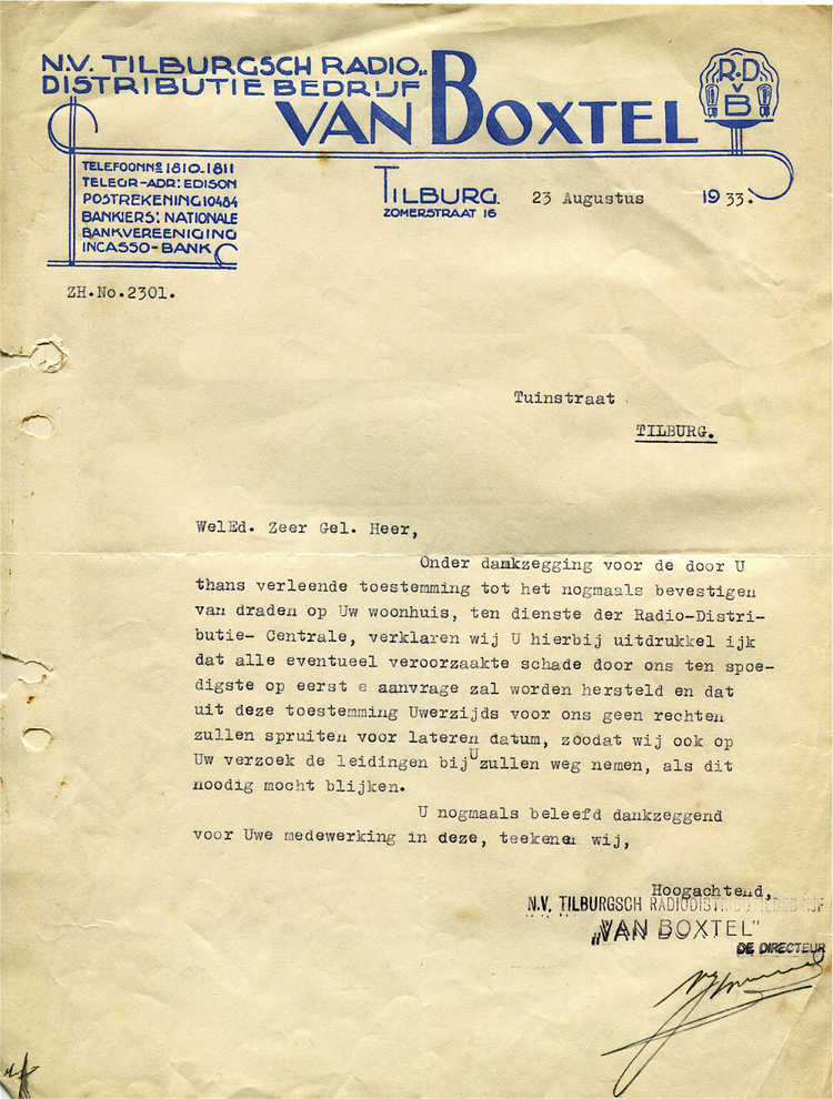 Brief van 23 augustus 1933 van 'Tilburgsch Radiodistributiebedrijf' Van Boxtel, nog aan de Zomerstraat.